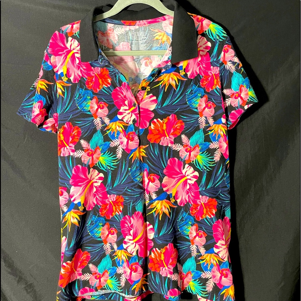 Women’s Hawaiian print stretch polo shirt sz Xl